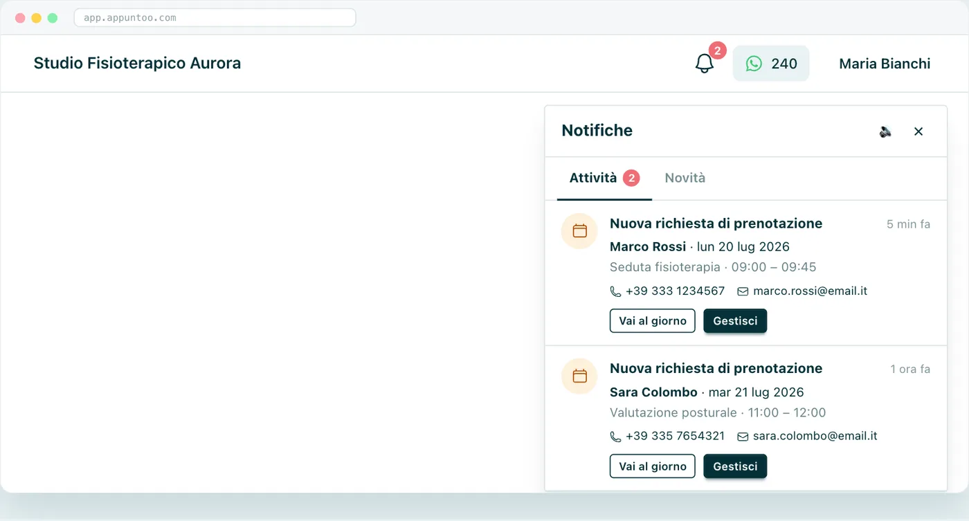 Appuntoo - Richieste di prenotazione online nella campanella delle notifiche