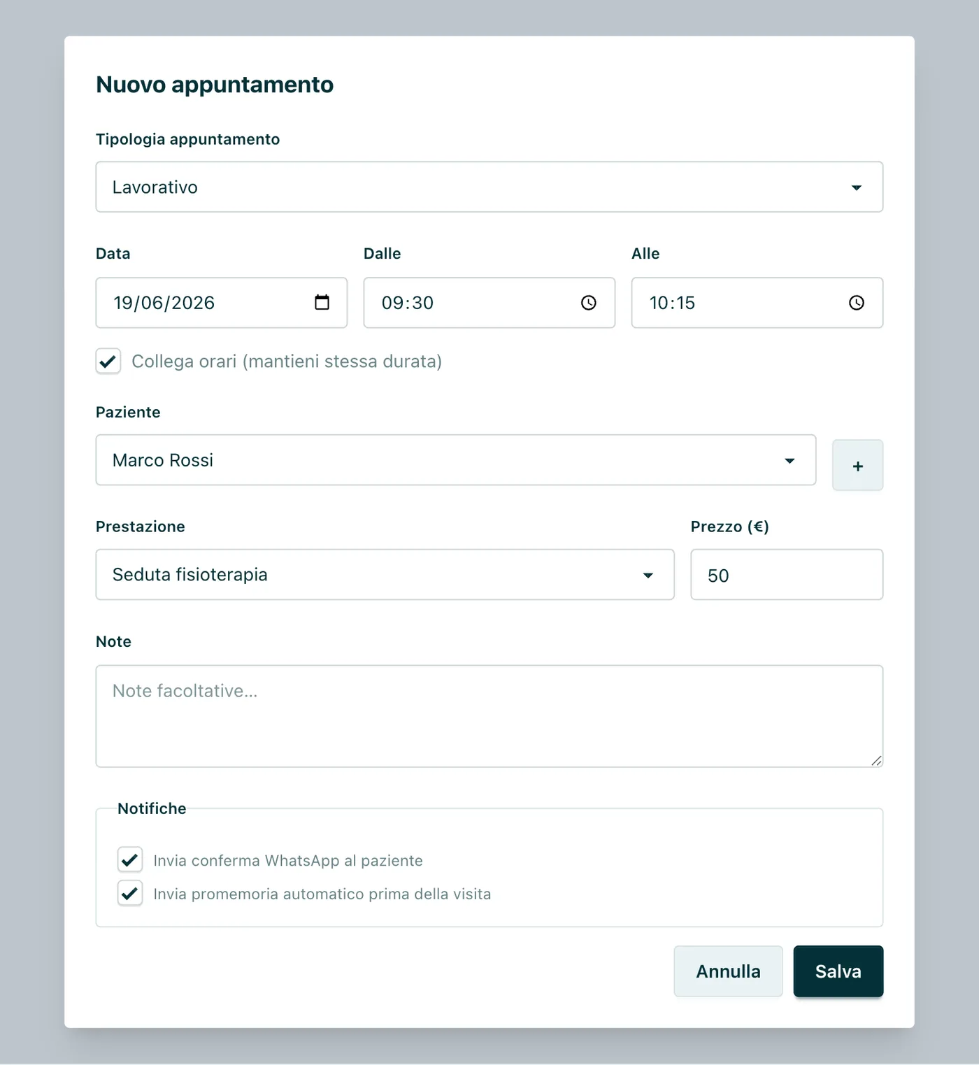 Appuntoo - Pannello WhatsApp reminder per un appuntamento