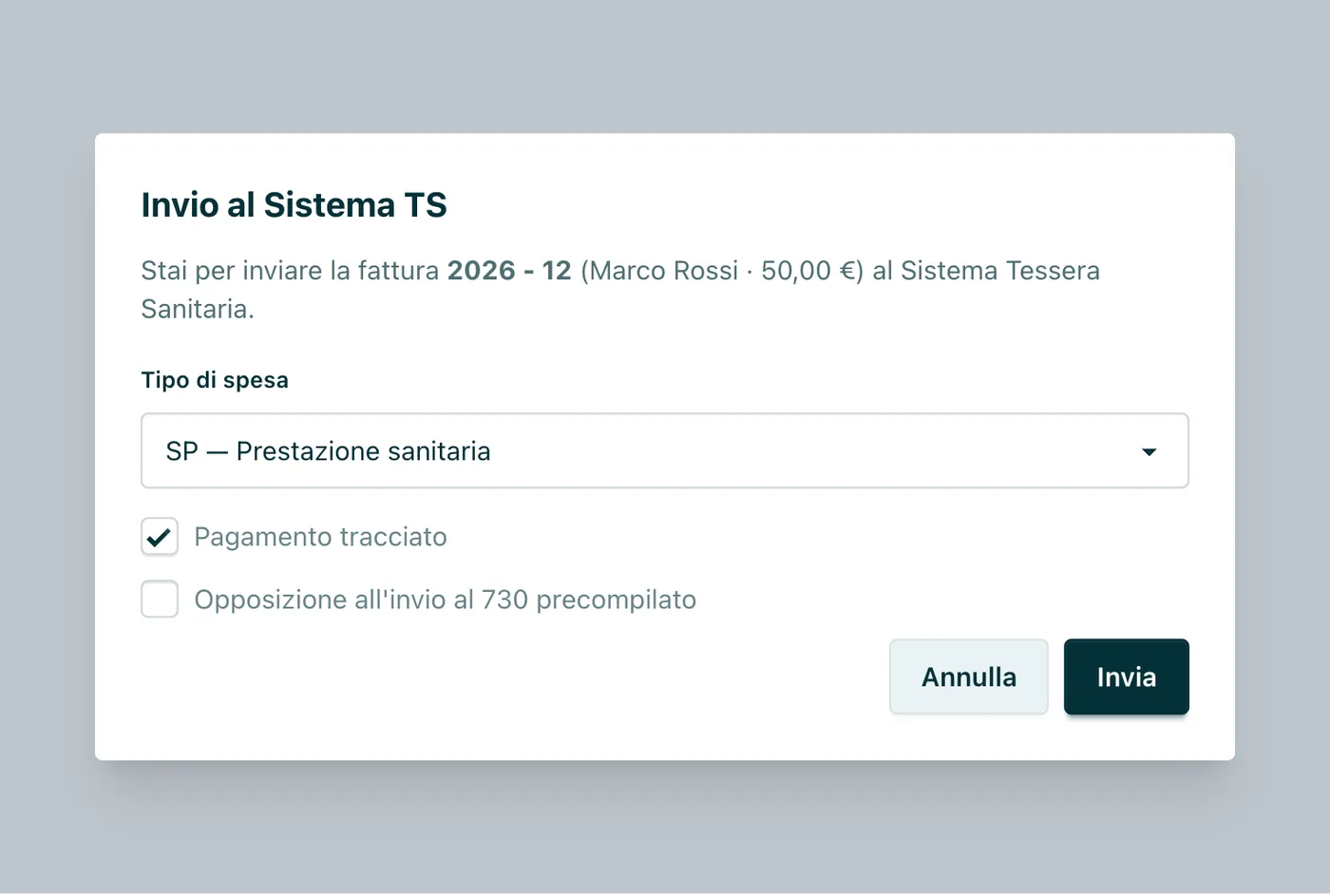 Appuntoo - Invio della fattura al Sistema Tessera Sanitaria con tipo di spesa e pagamento