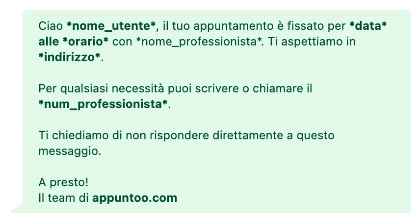 Appuntoo - Template messaggio WhatsApp automatico
