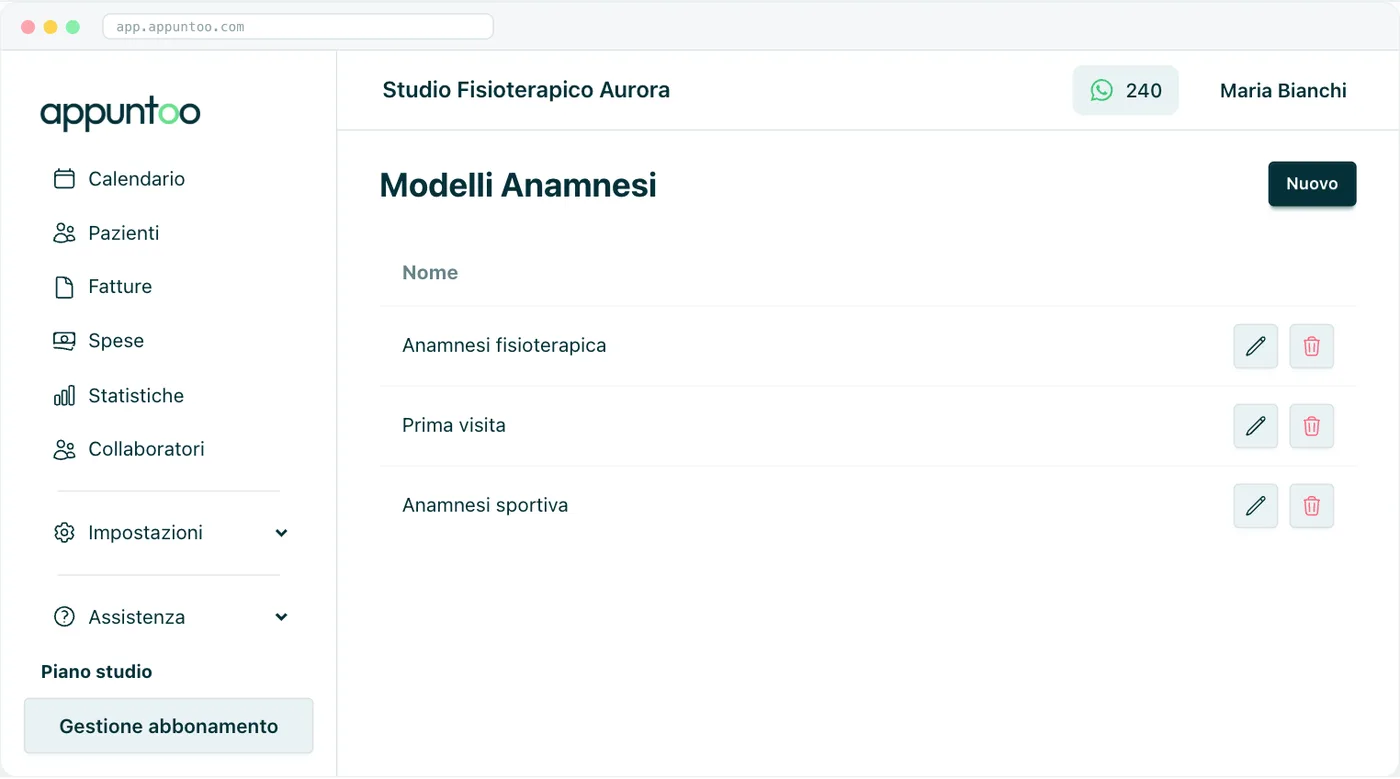 Impostazioni · Modelli anamnesi L'elenco dei modelli disponibili; con «Nuovo» apri il costruttore.
