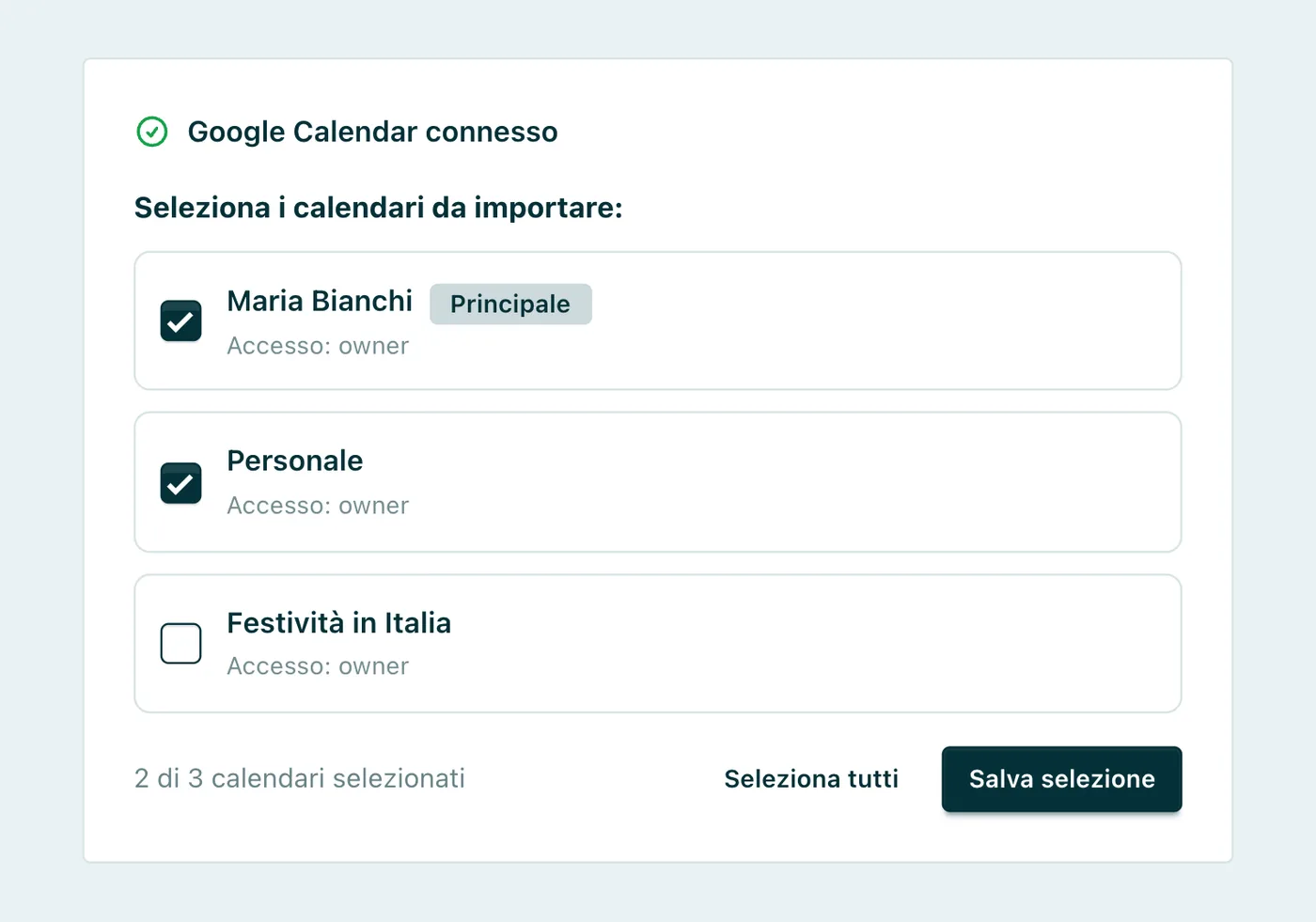 Google Calendar La selezione dei calendari Google da importare nell'agenda.