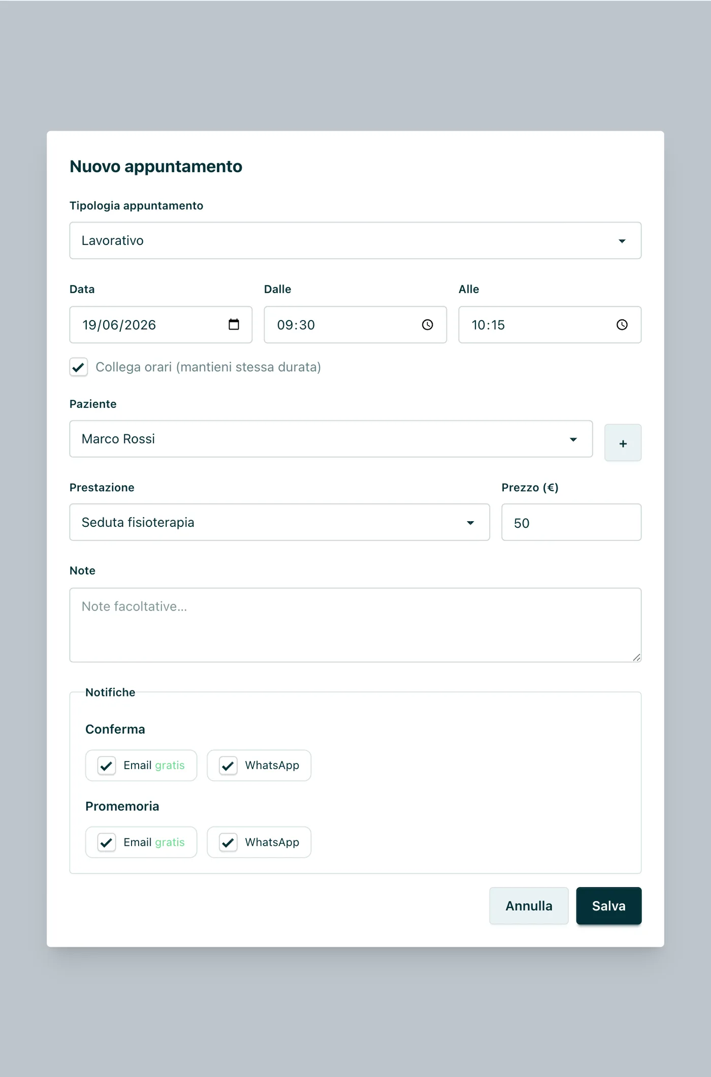 Finestra «Nuovo appuntamento» Tipologia, data e orari, paziente, professionista, stanza, prestazione, prezzo, colore e notifiche.
