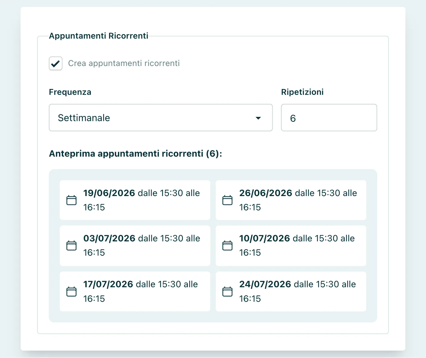 Appuntamenti ricorrenti Frequenza, numero di ripetizioni e anteprima delle date generate.