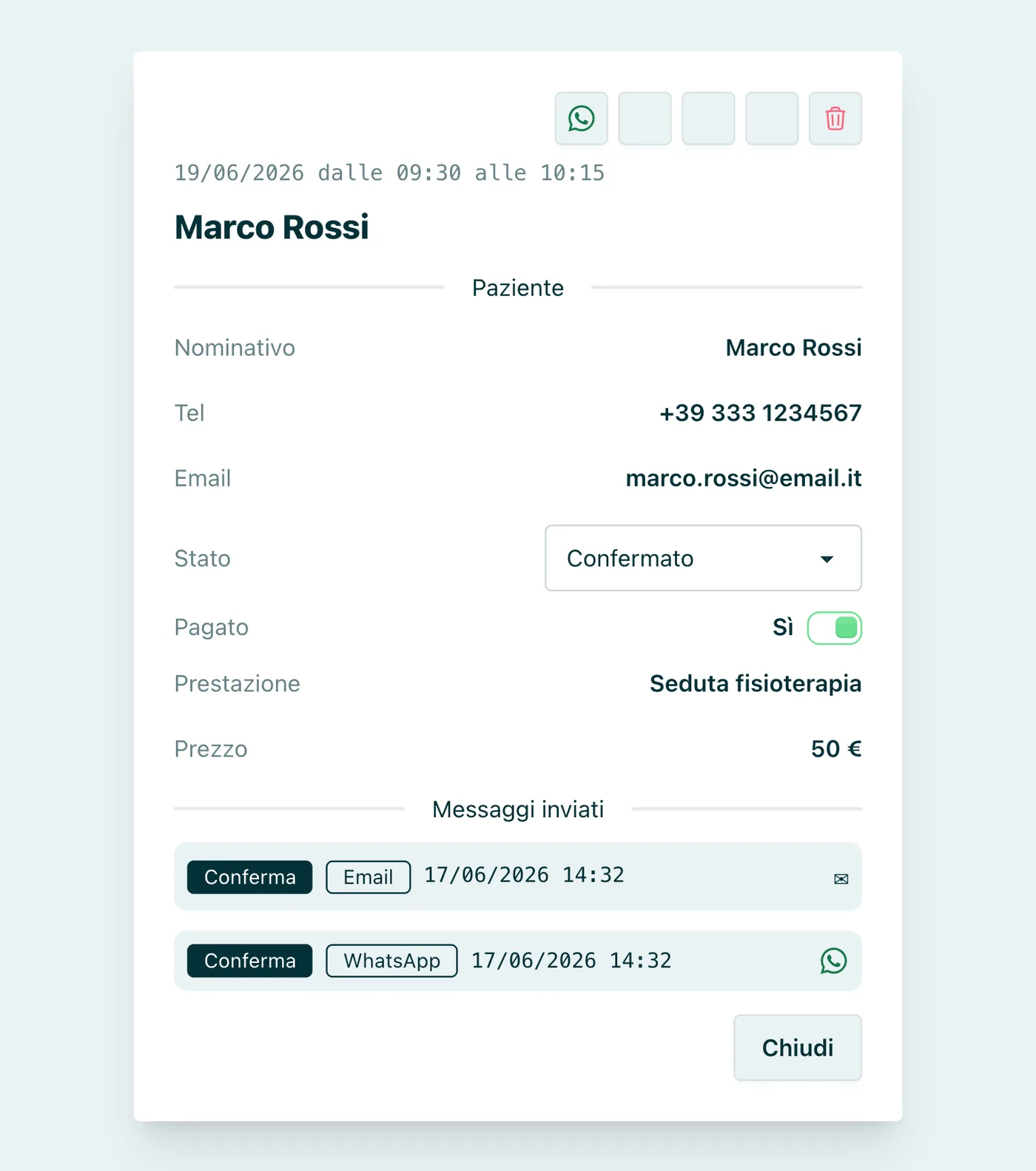 Dettaglio appuntamento Stato, pagamento, contatti del paziente, azioni e storico dei messaggi inviati.