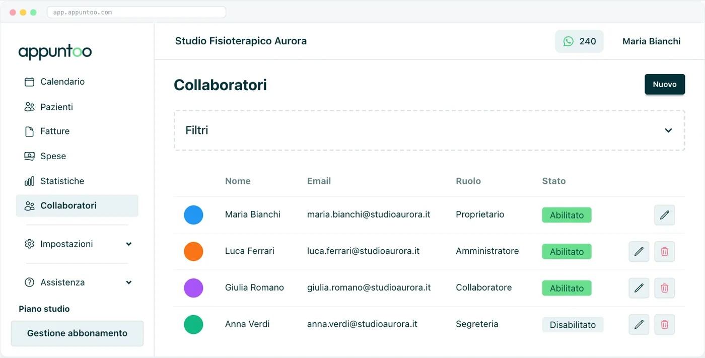 Lista collaboratori Avatar colorato, nome, email, ruolo e stato di ogni membro dello studio.