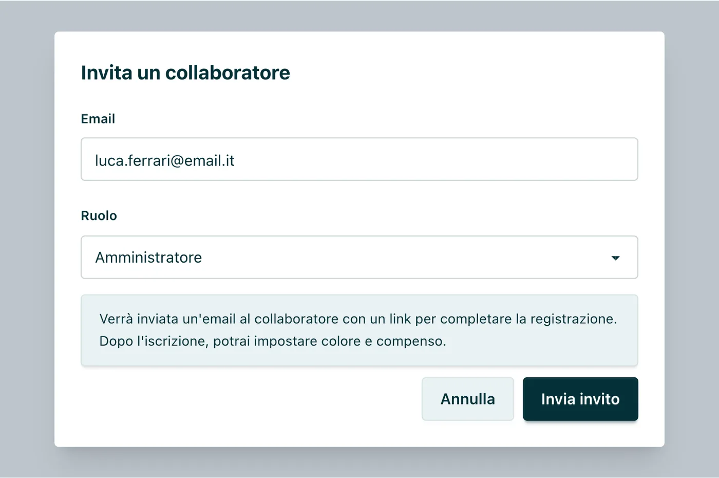 Invita un collaboratore Email e ruolo; un avviso ricorda che verrà inviata un'email con il link di registrazione.