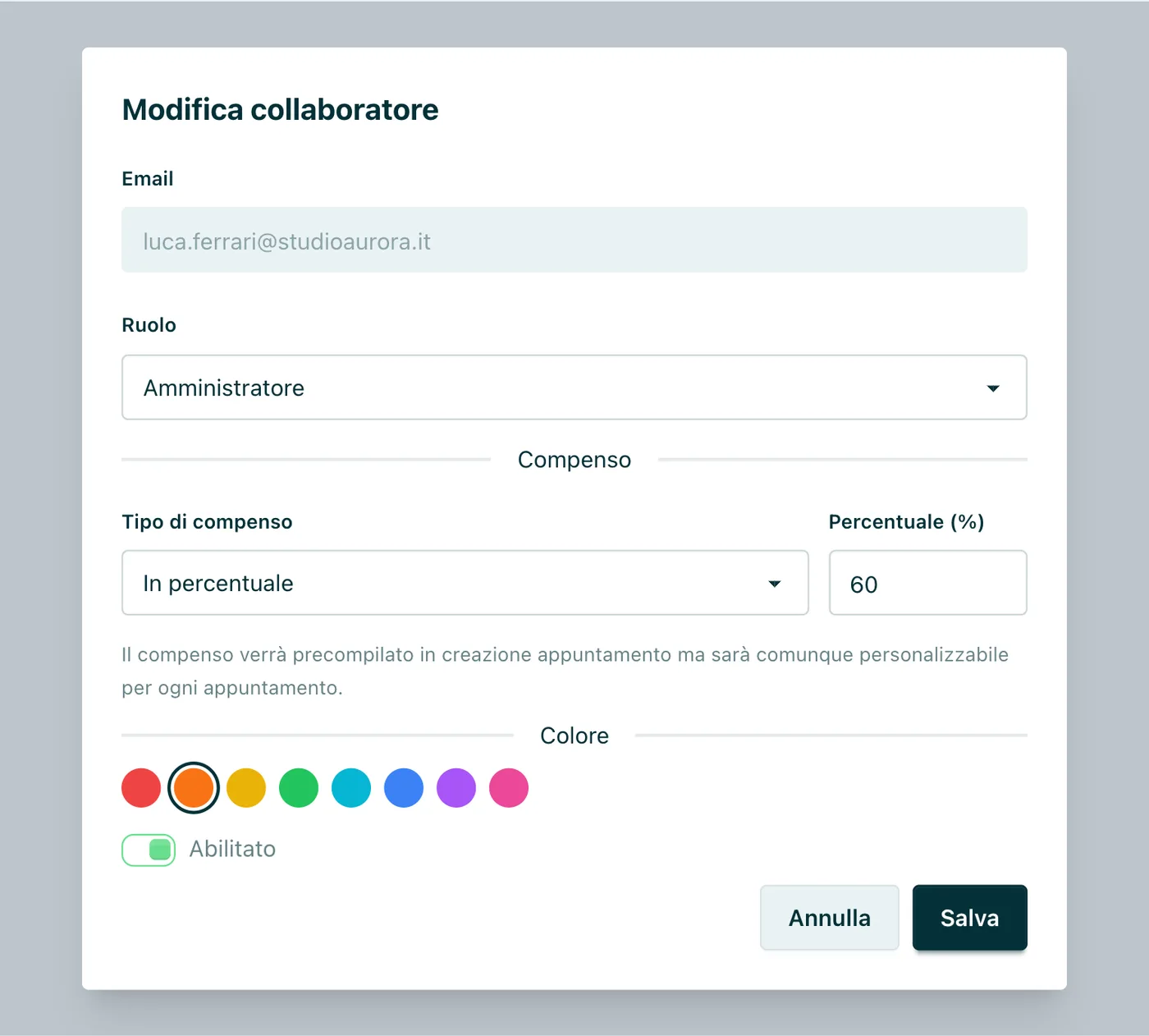 Modifica collaboratore Tipo di compenso e valore, colore in agenda e interruttore Abilitato.