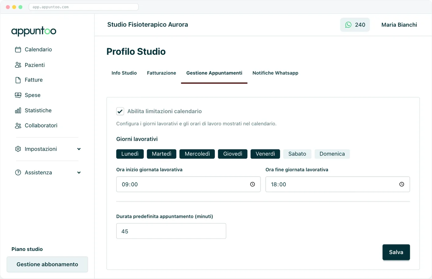 Profilo studio · Gestione Appuntamenti Giorni lavorativi, orari di apertura e durata predefinita dell'appuntamento.