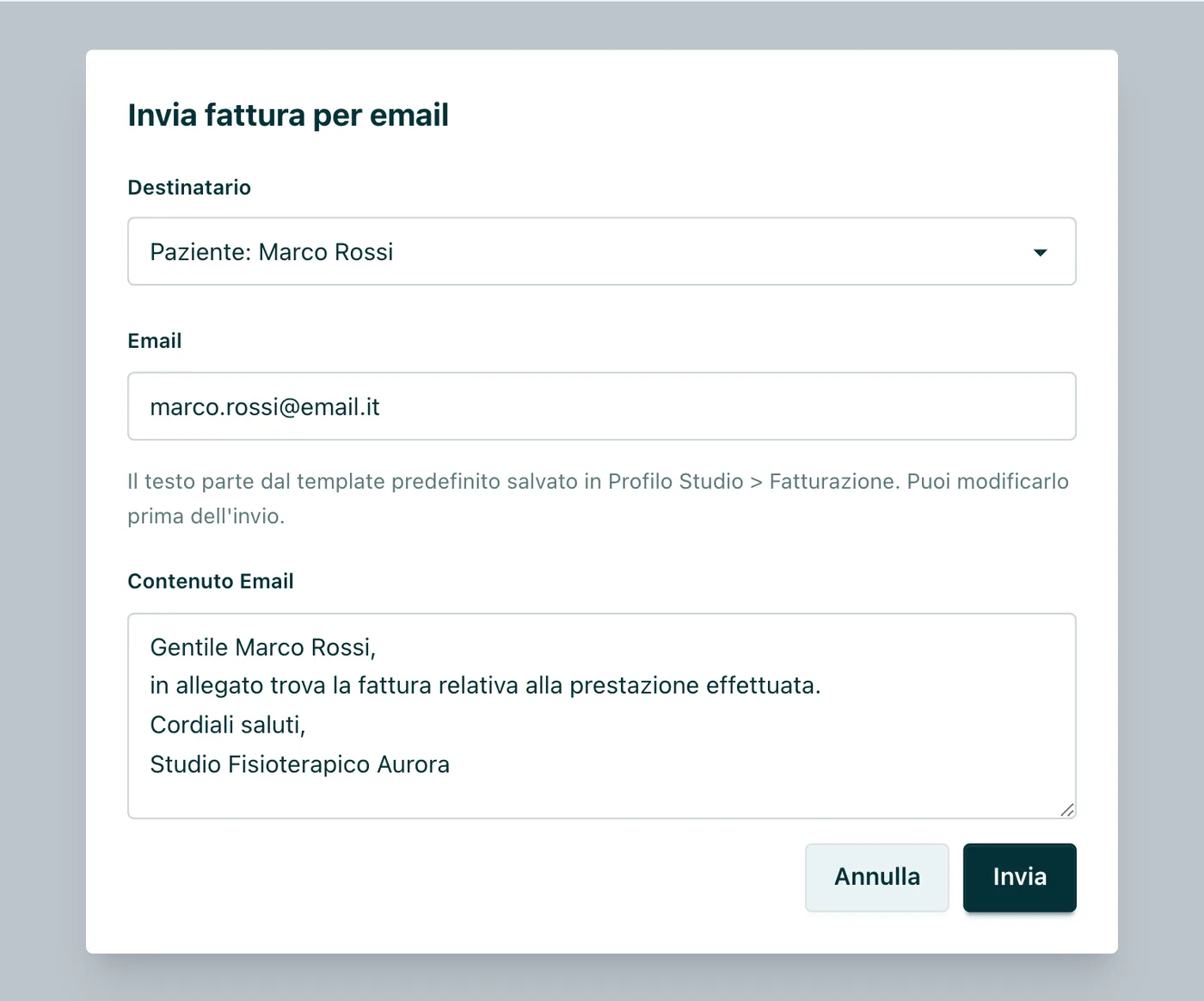 Invio per email Destinatario, indirizzo e contenuto del messaggio, precompilato dal template dello studio.