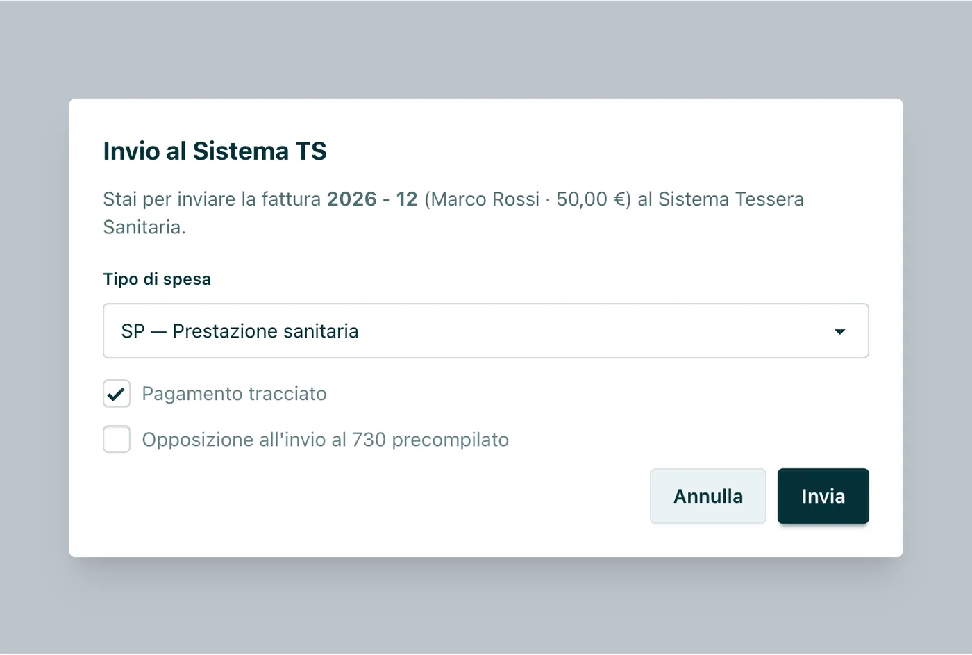 Invio al Sistema TS Tipo di spesa (predefinito SP) e Natura IVA prima della trasmissione.