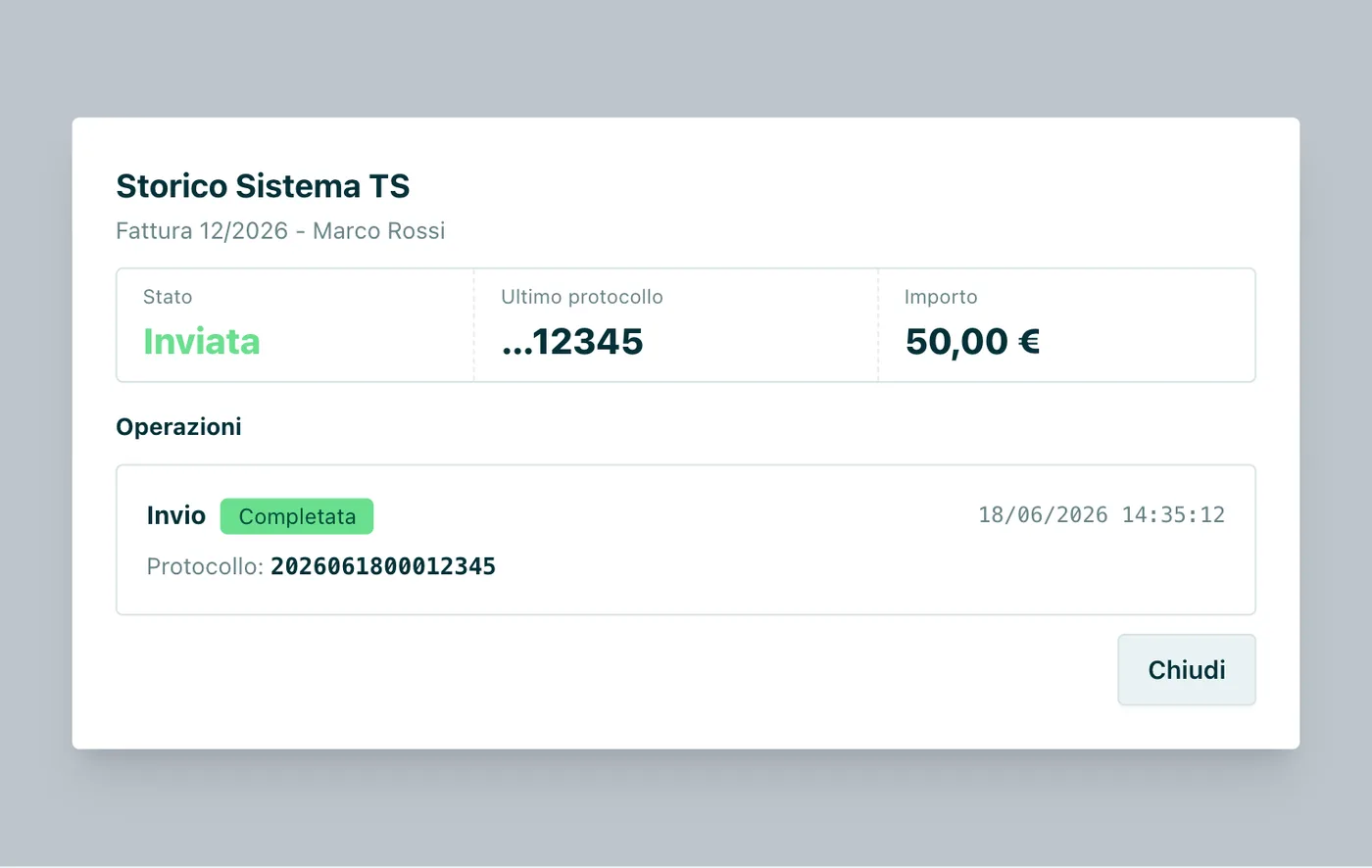 Storico Sistema TS Stato, ultimo protocollo, ultima operazione e importo; da qui si può anche cancellare la fattura dal Sistema TS.