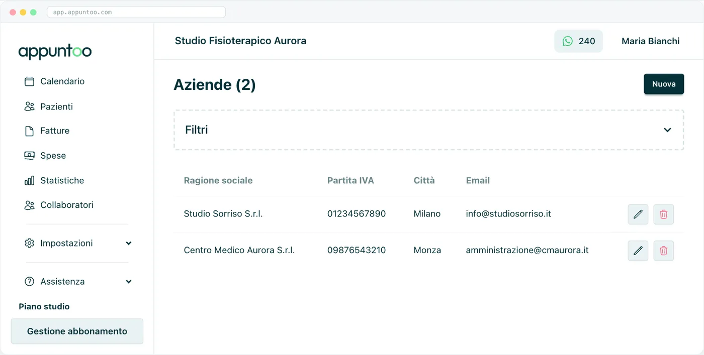 Impostazioni · Aziende L'elenco delle aziende con filtri per ragione sociale, partita IVA ed email.