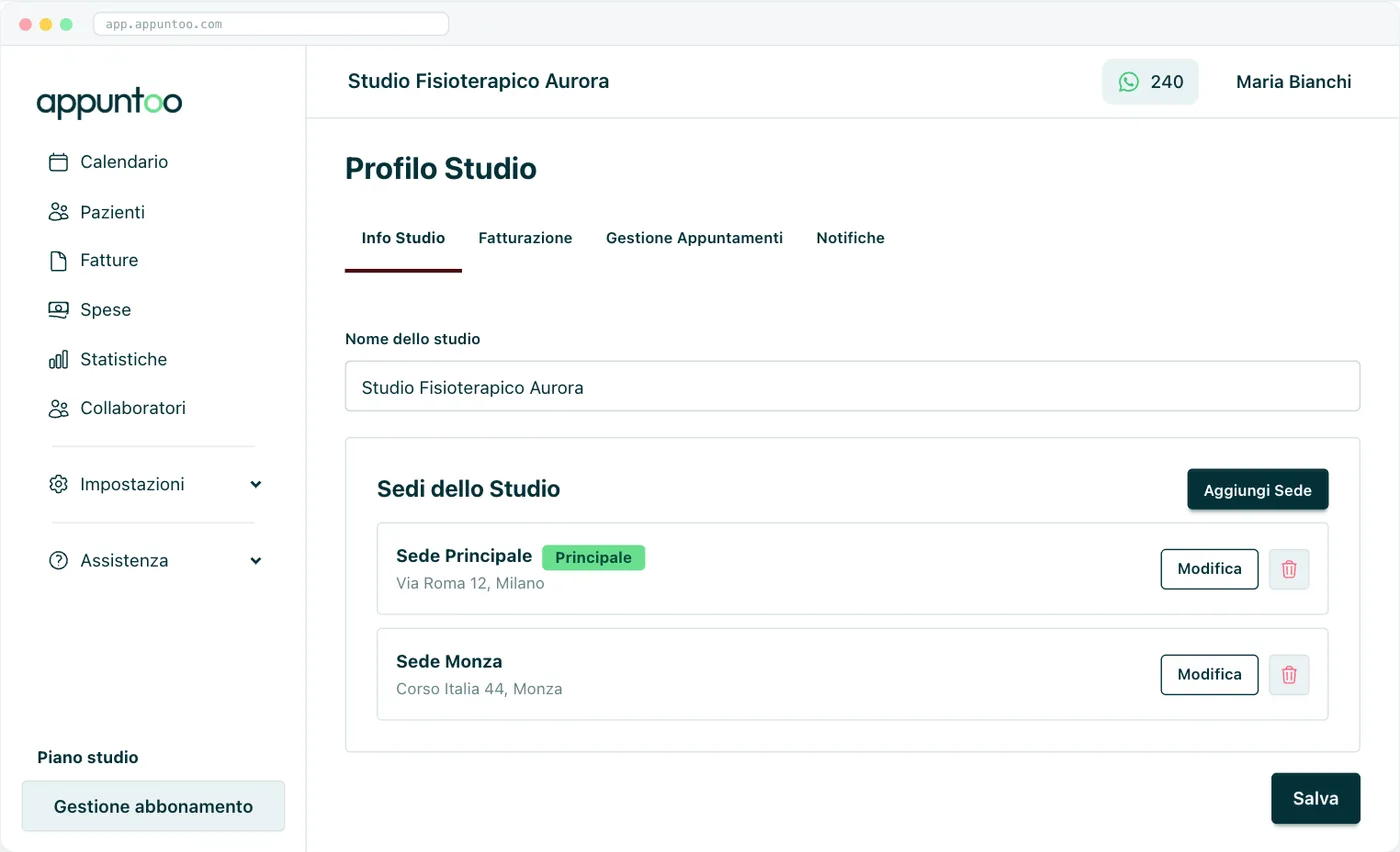 Info Studio Nome dello studio e gestione delle sedi, con il badge «Principale».
