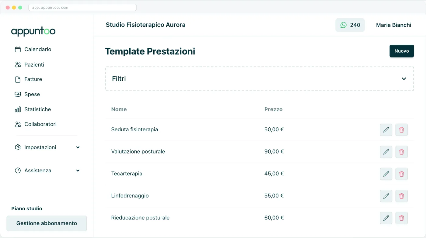 Listino prestazioni Le prestazioni con il relativo prezzo.