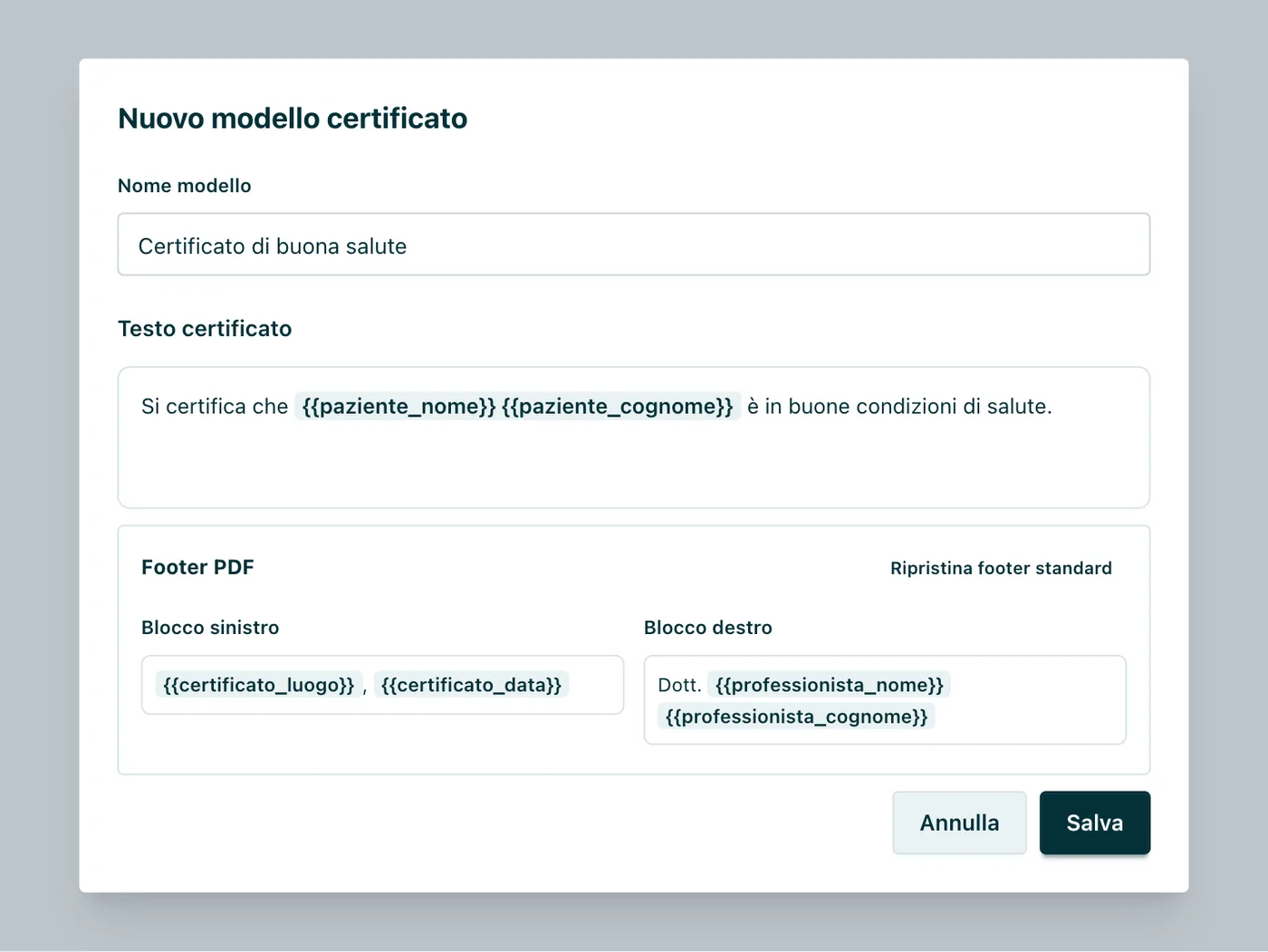 Modello di certificato Testo con segnaposto e footer del PDF su due blocchi.
