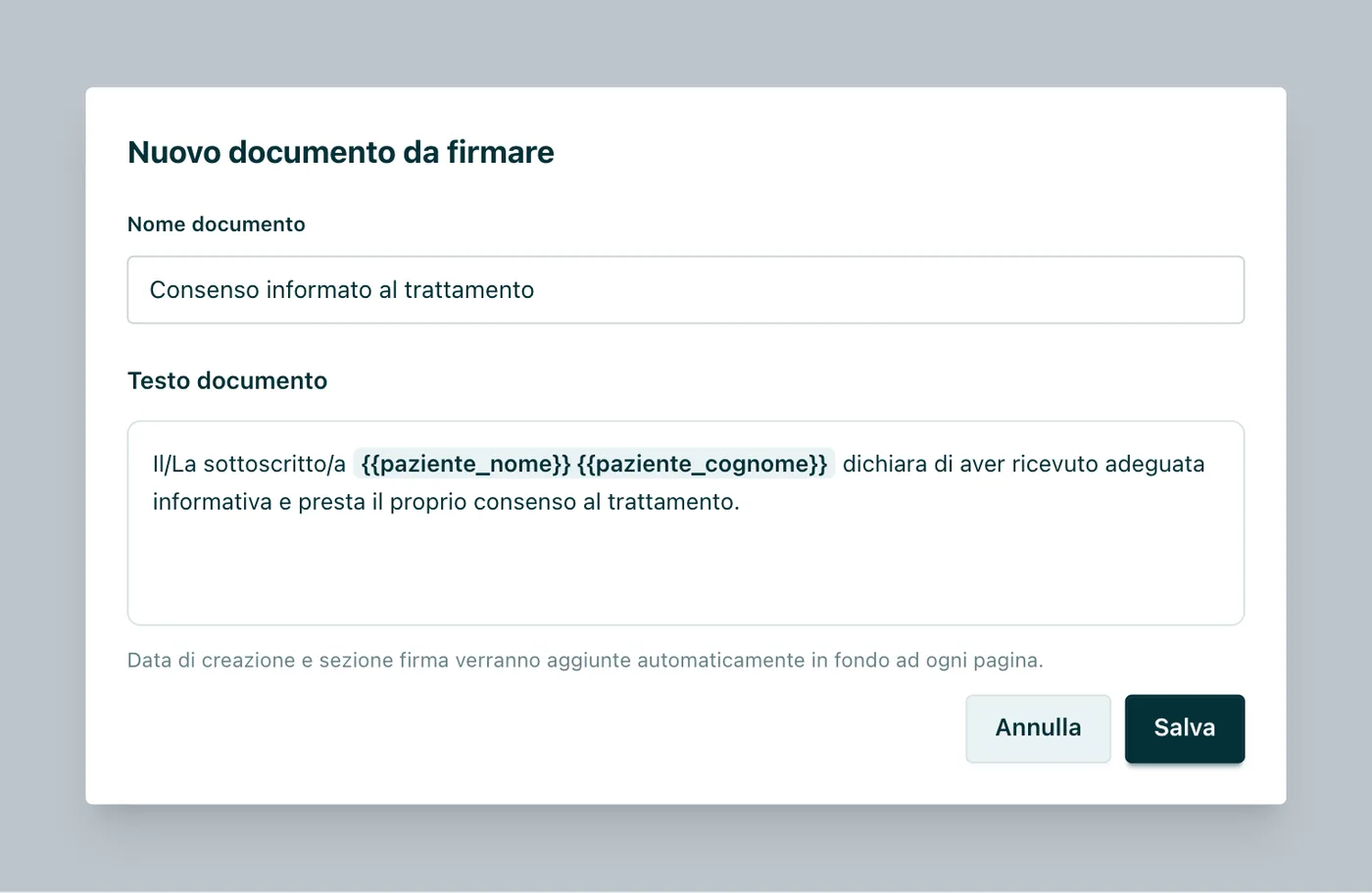 Modello di documento Testo con segnaposto; data e sezione firma sono aggiunte in automatico.