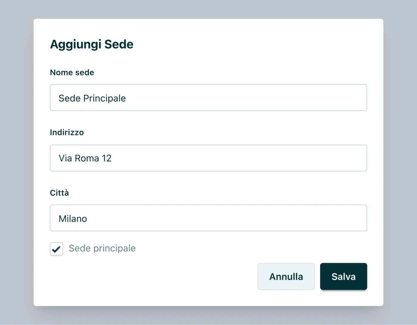 Aggiungi Sede Nome, indirizzo, città e l'opzione «Sede principale».