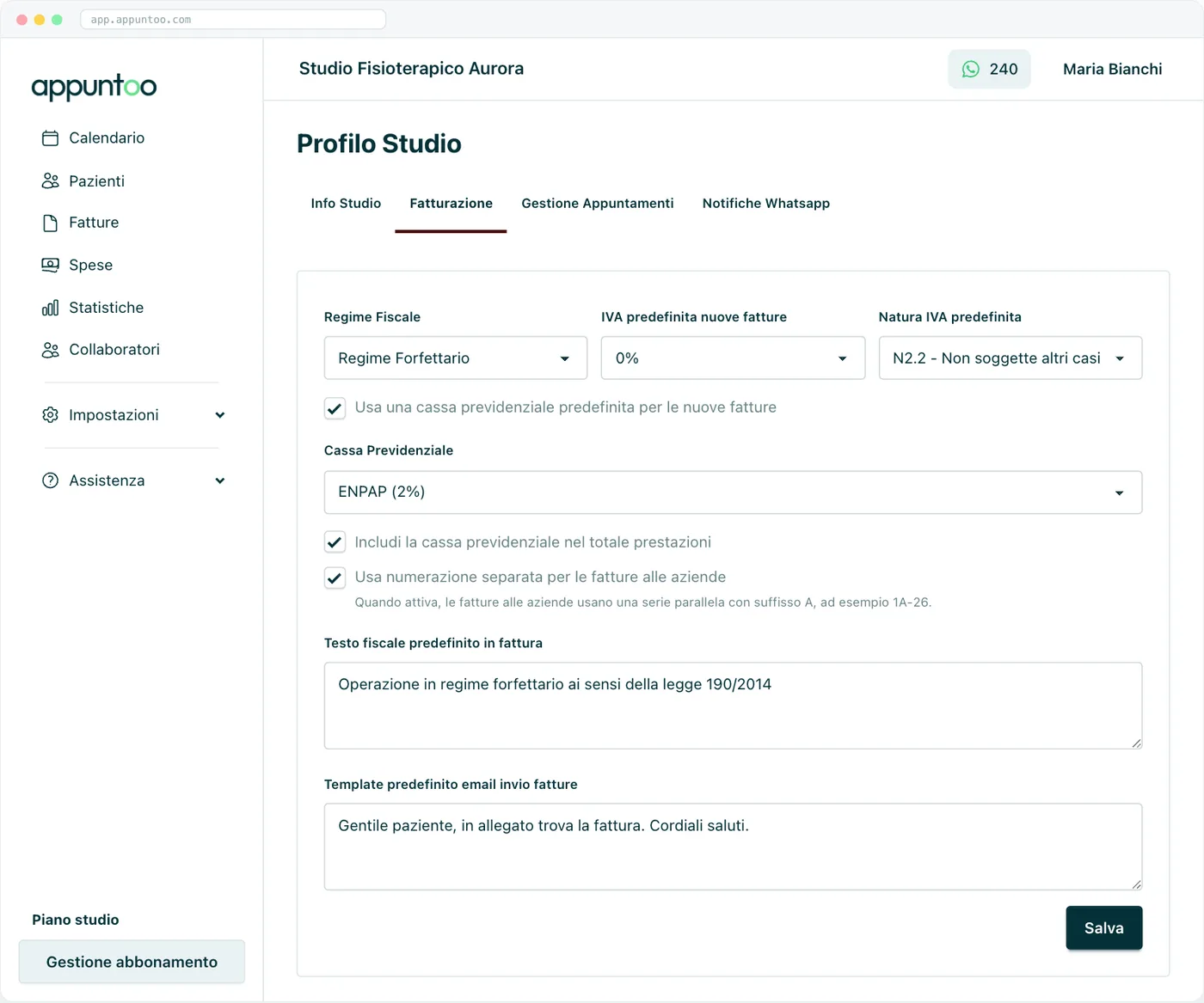 Scheda Fatturazione Regime, IVA e natura, cassa previdenziale, testo fiscale e template email.