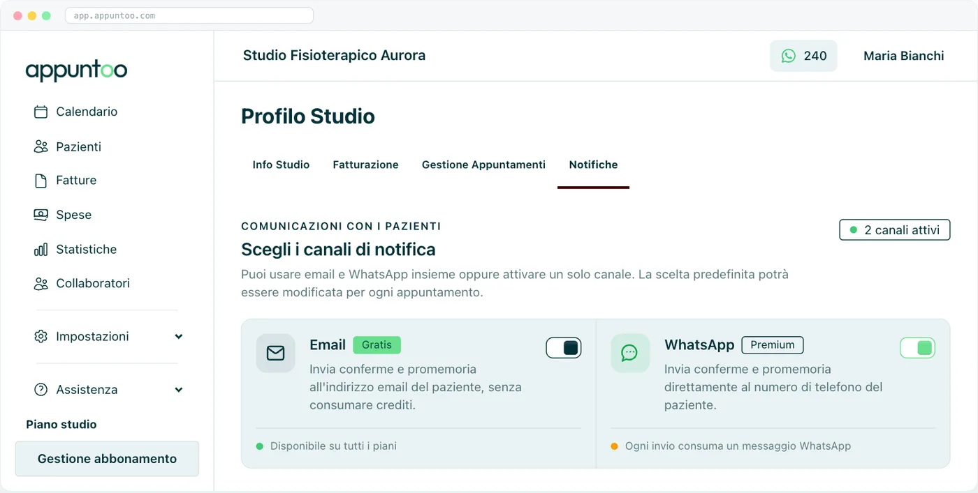 Scheda Notifiche I due canali di notifica: Email (gratis) e WhatsApp (Premium), attivabili insieme o da soli.