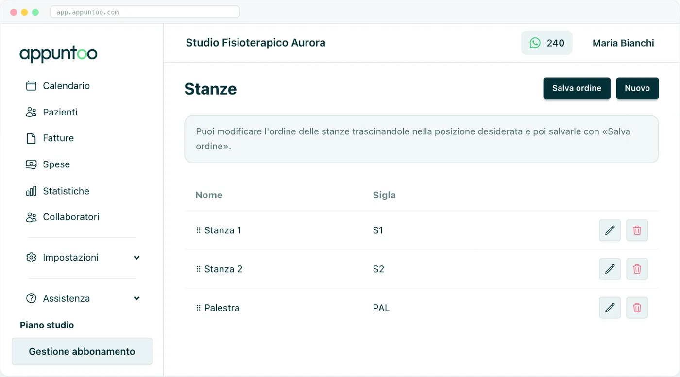 Elenco stanze Nome e sigla di ogni stanza, riordinabili per trascinamento.