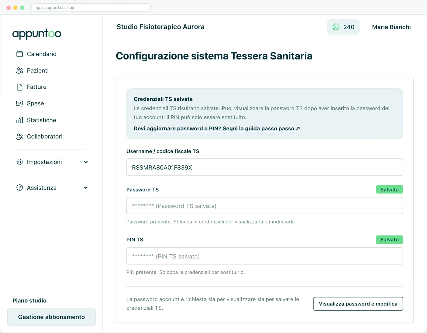 Configurazione Sistema TS Username/codice fiscale, Password TS e PIN TS con i badge di stato: a credenziali salvate, lo sblocco passa da Visualizza password e modifica.