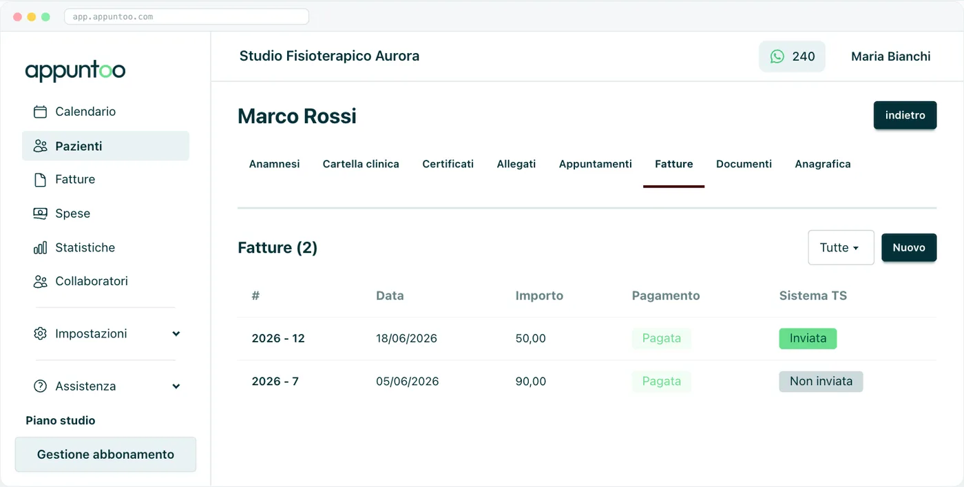 Scheda paziente · Fatture Le fatture del paziente con stato di pagamento e Sistema TS; filtro Pagamento e pulsante «Nuovo».