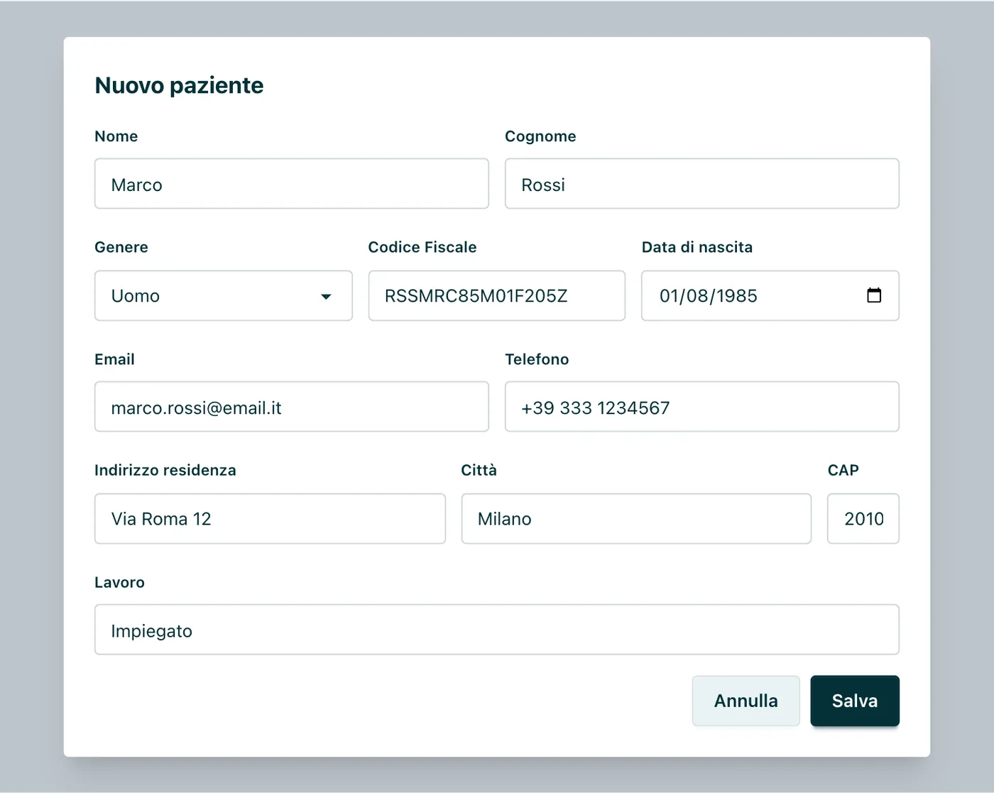 Modulo «Nuovo paziente» Dati anagrafici, codice fiscale, contatti, residenza con CAP automatico e occupazione.