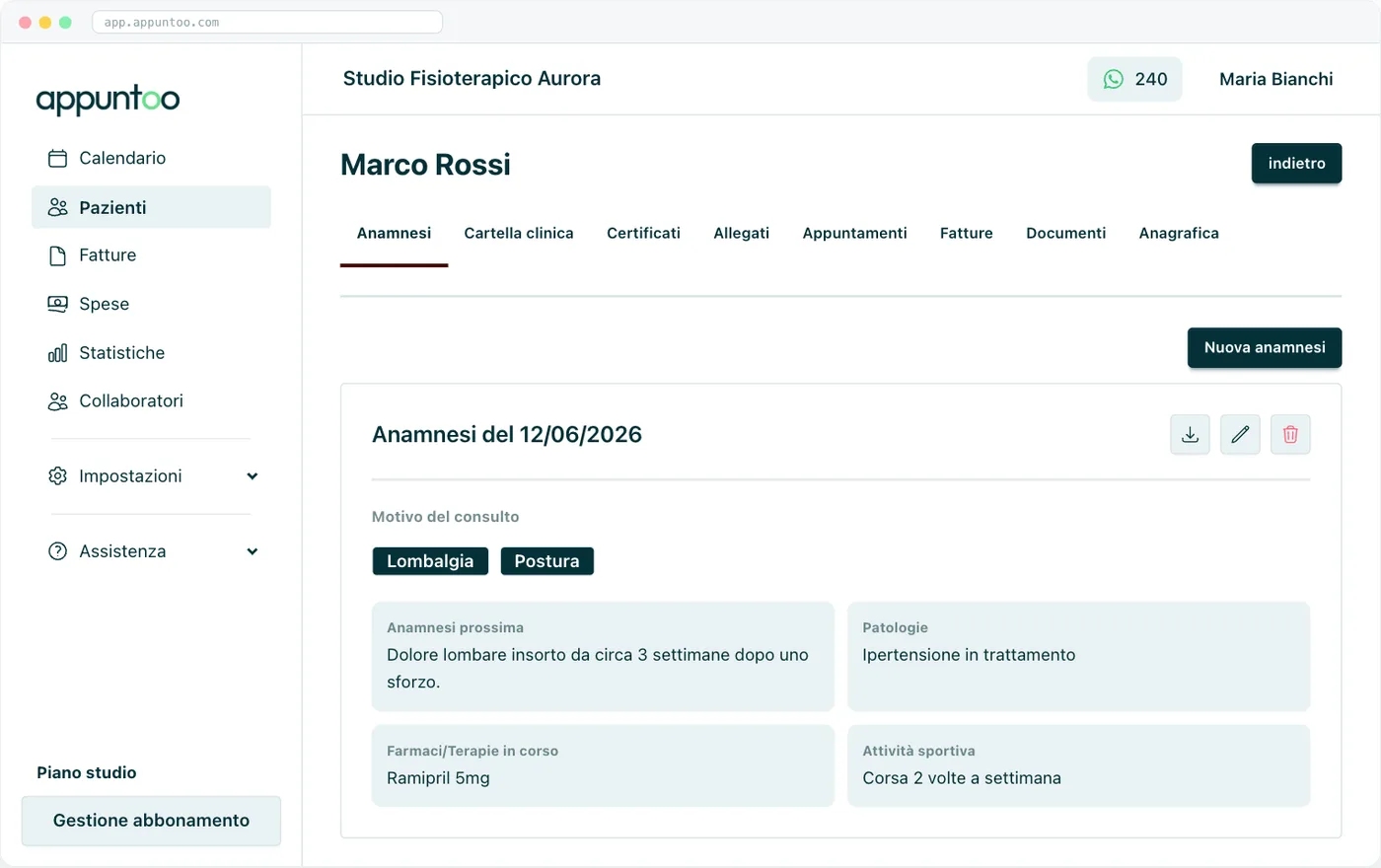 Scheda paziente · Anamnesi Una card per ogni anamnesi, con il motivo del consulto a chips e i campi del modello.