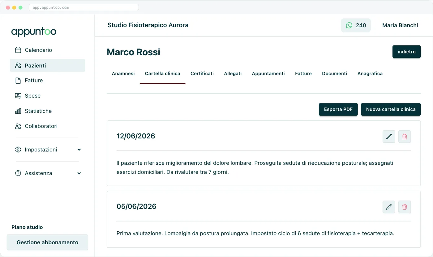 Scheda paziente · Cartella clinica Una card per ogni seduta, con data e testo; in alto i pulsanti «Esporta PDF» e «Nuova cartella clinica».