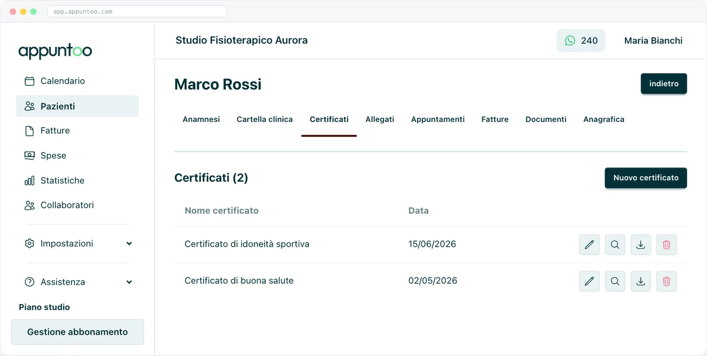 Scheda paziente · Certificati Tabella con Nome e Data e le azioni Modifica, Anteprima, Scarica, Elimina; in alto «Nuovo certificato».
