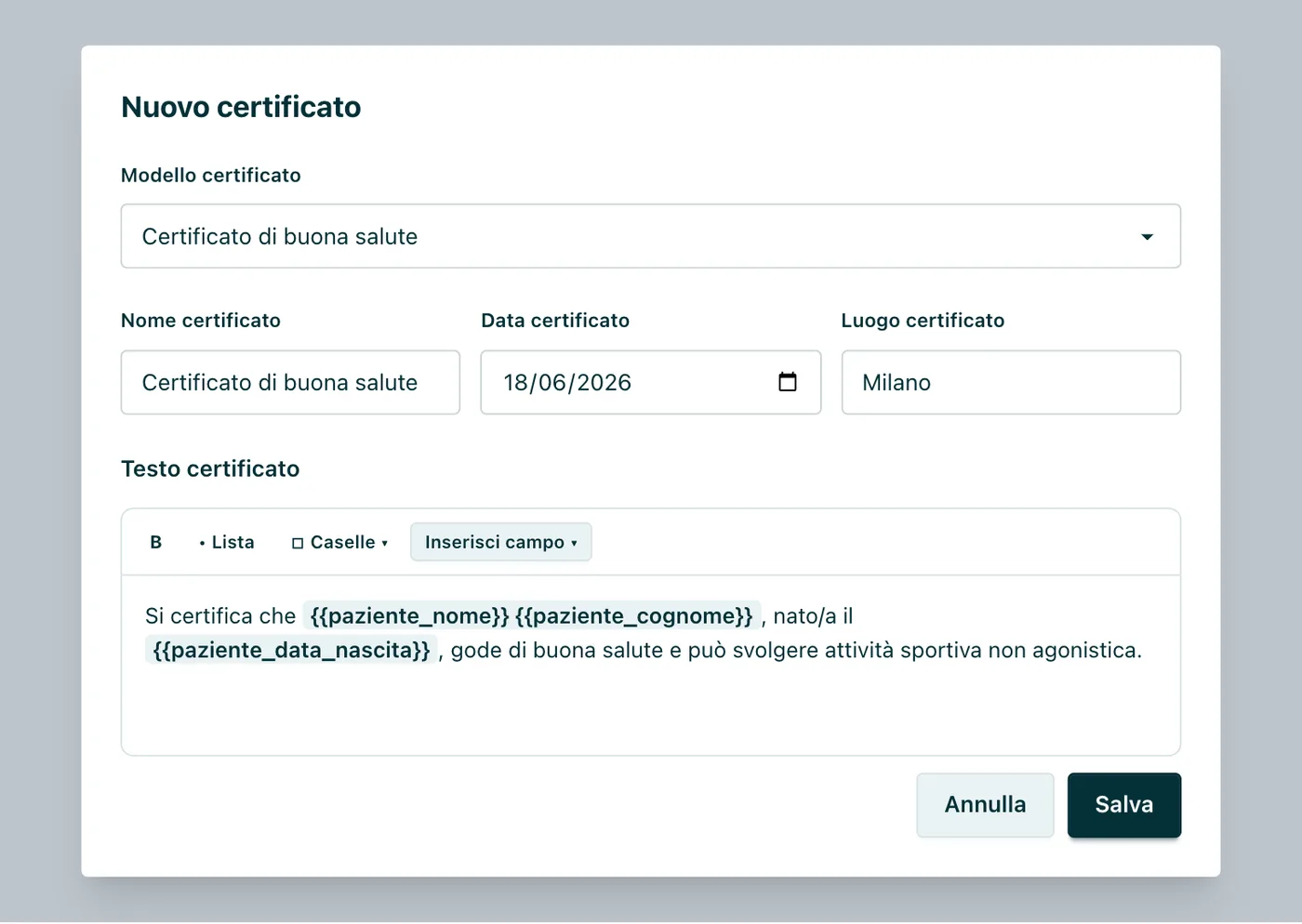 Nuovo certificato Scelta del modello, nome/data/luogo ed editor del testo con segnaposto e «Inserisci campo».