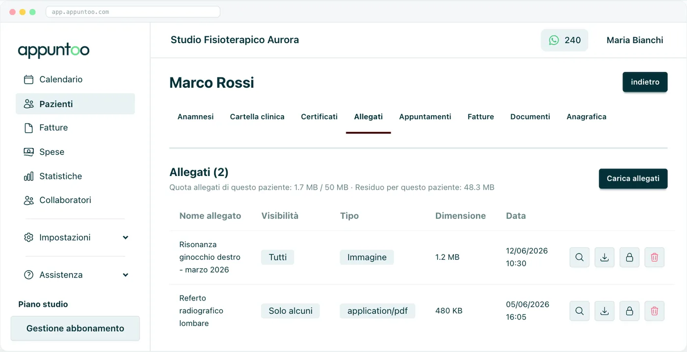 Scheda paziente · Allegati Quota del paziente e tabella con visibilità, tipo, dimensione, data e azioni per ogni file.