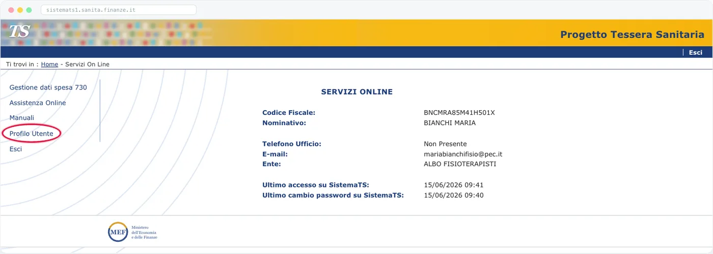 Servizi Online La schermata iniziale dell'area riservata, con i dati dell'account. Nel menu a sinistra, Profilo Utente porta alla sezione con il pincode.