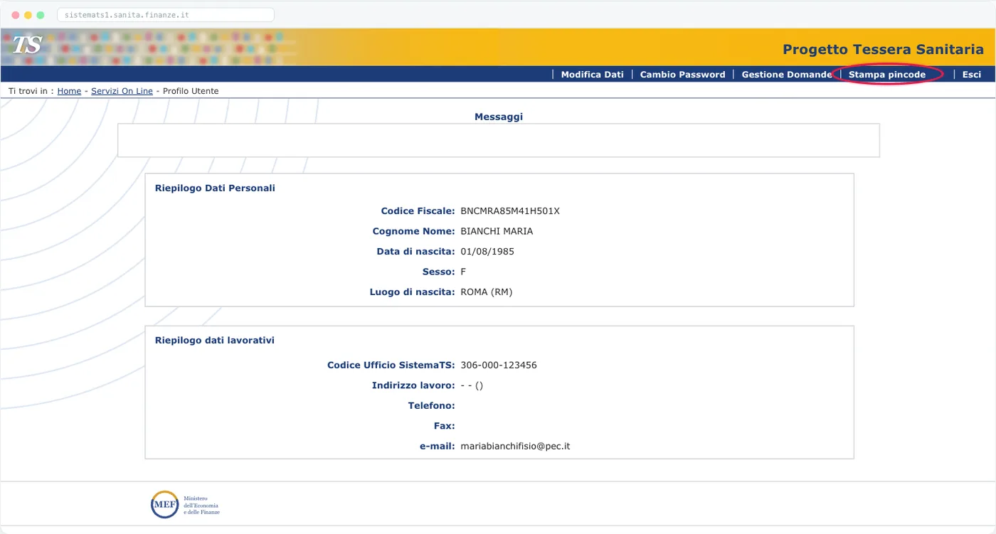 Profilo Utente Il riepilogo dei dati personali e lavorativi. Nella barra blu in alto, premi Stampa pincode.