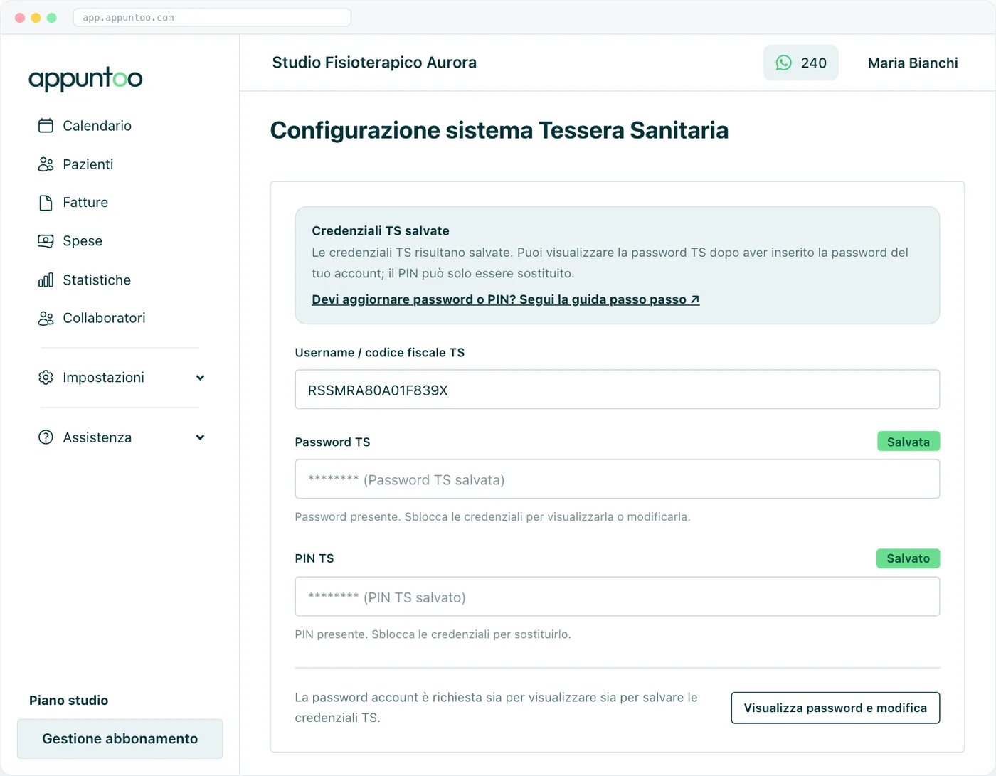 Credenziali TS salvate I campi bloccati con i badge Salvata e Salvato: il pulsante Visualizza password e modifica avvia lo sblocco. In alto, il riquadro con il collegamento a questa guida.