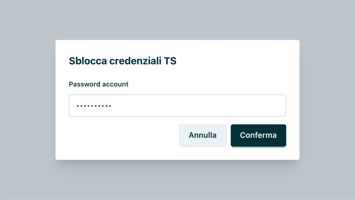 Sblocca credenziali TS La finestra chiede la password del tuo account Appuntoo: dopo la conferma la password TS diventa visibile e il PIN sostituibile.