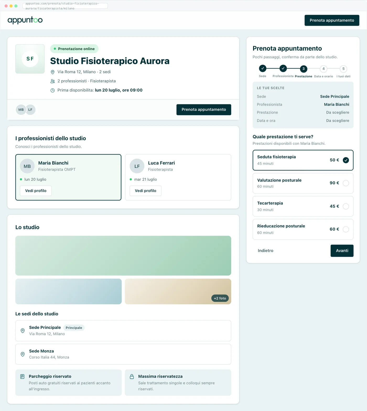 La pagina pubblica di prenotazione Quello che vede il paziente aprendo il link: informazioni dello studio a sinistra, percorso di prenotazione a destra.
