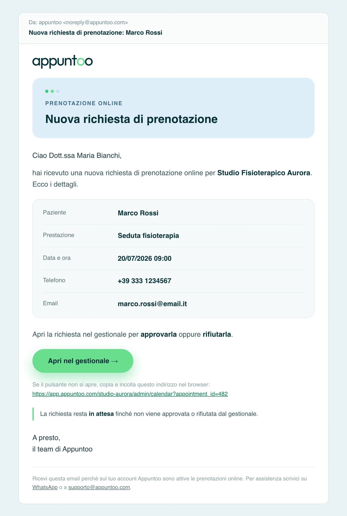 Email al professionista "Nuova richiesta di prenotazione": dati e contatti del paziente, pulsante per aprire la richiesta nel gestionale.