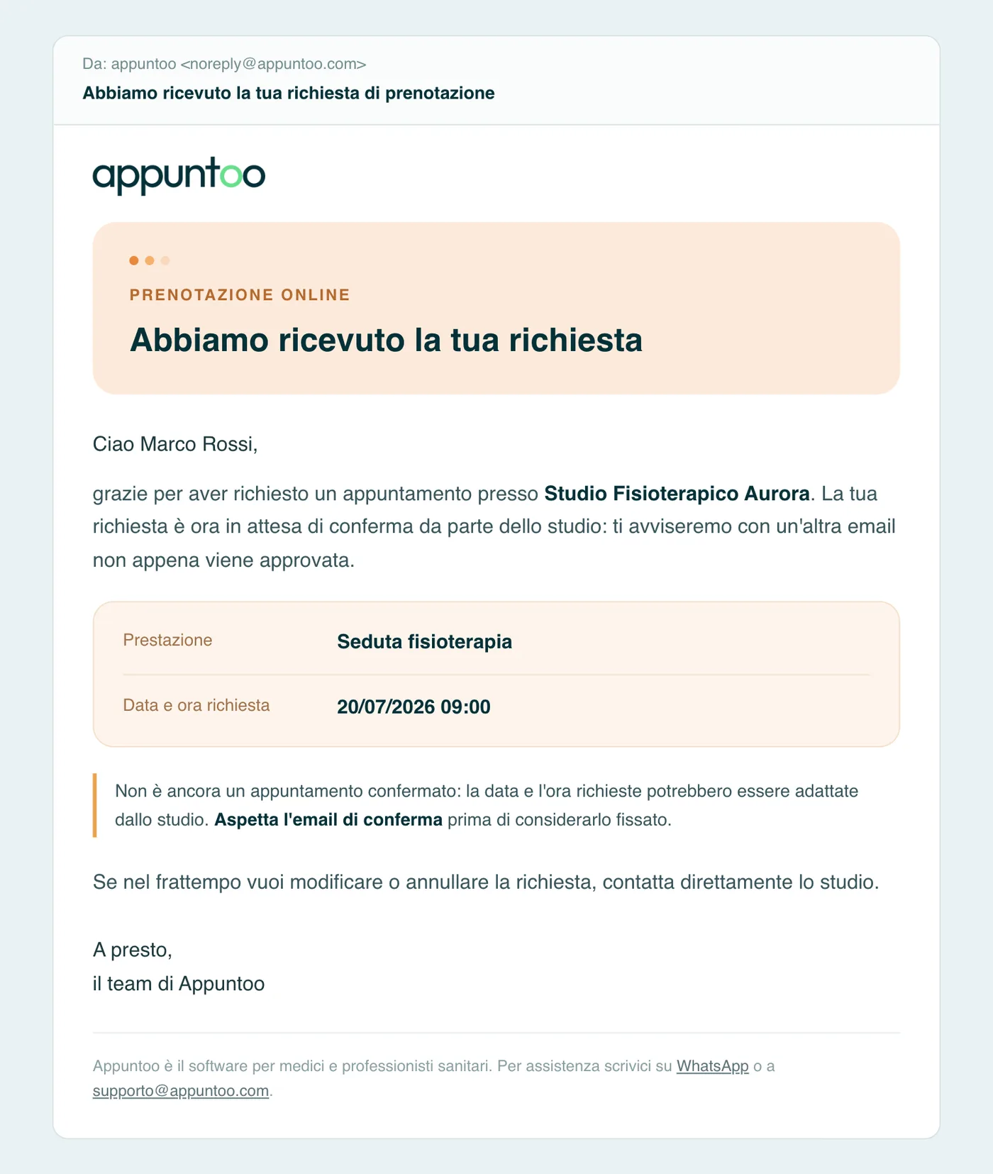 Email al paziente · richiesta ricevuta La ricevuta "in attesa": ricorda che l'appuntamento non è confermato finché lo studio non approva.
