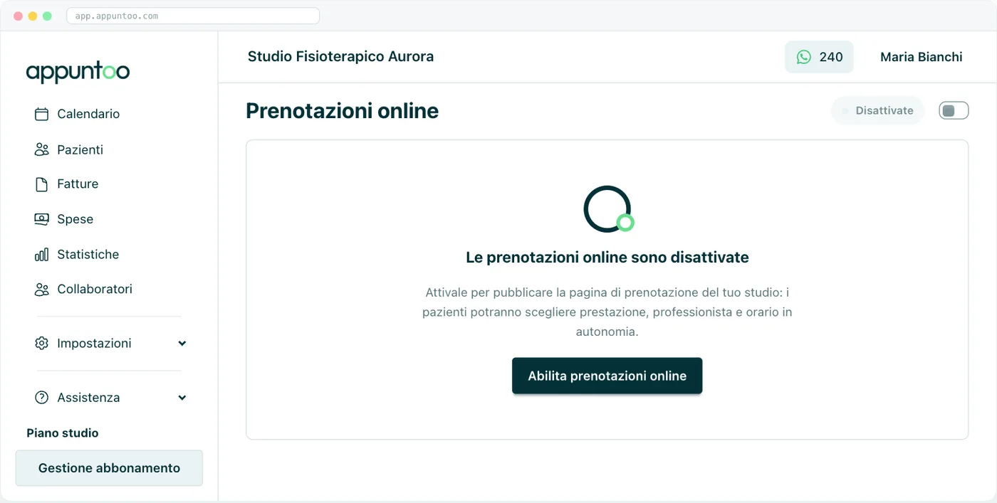 Impostazioni · Prenotazioni online La pagina prima dell'attivazione: interruttore in alto e pulsante "Abilita prenotazioni online".