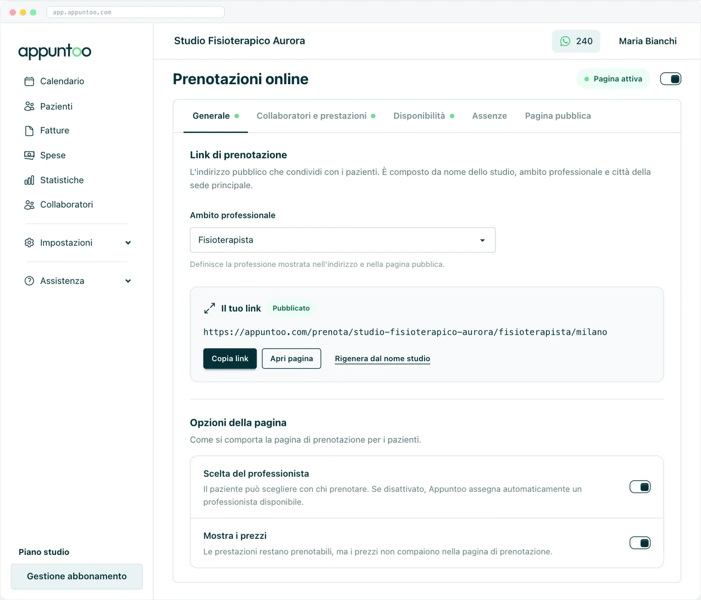 Scheda Generale Ambito professionale, il riquadro "Il tuo link" con Copia link e Apri pagina, e le opzioni della pagina.