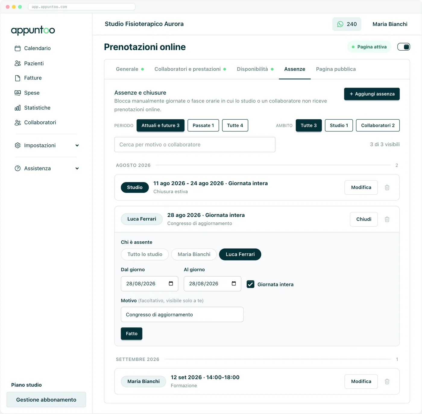 Scheda Assenze Chiusure dello studio e assenze dei collaboratori, con l'editor aperto su un'assenza: chi, periodo, giornata intera e motivo privato.