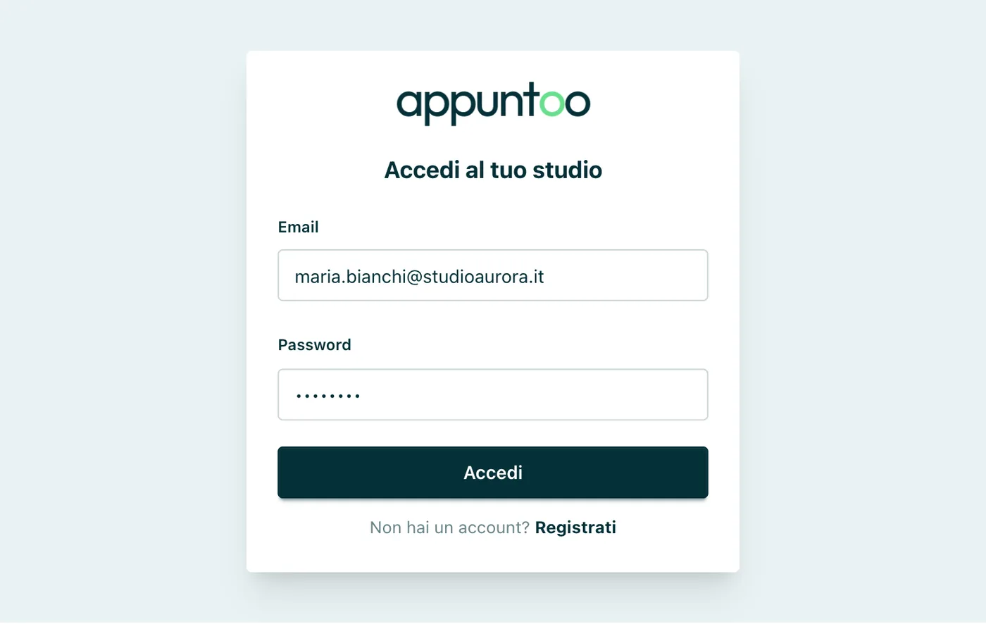 Accesso La schermata di login: email, password e il link «Password dimenticata?».