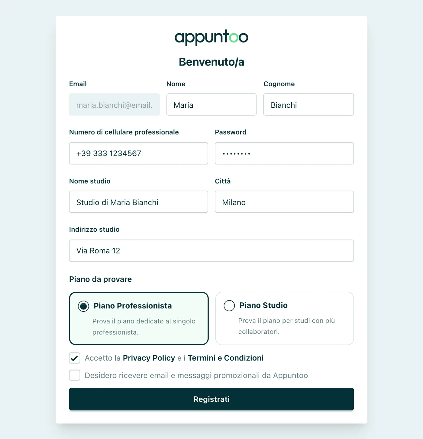 Registrazione studio I dati del titolare, il nome studio, la scelta del piano di prova e i consensi.