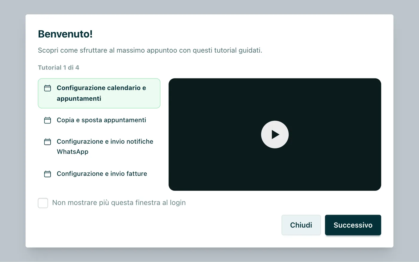 Guide video I quattro tutorial e la casella per non mostrare più la finestra all'accesso.