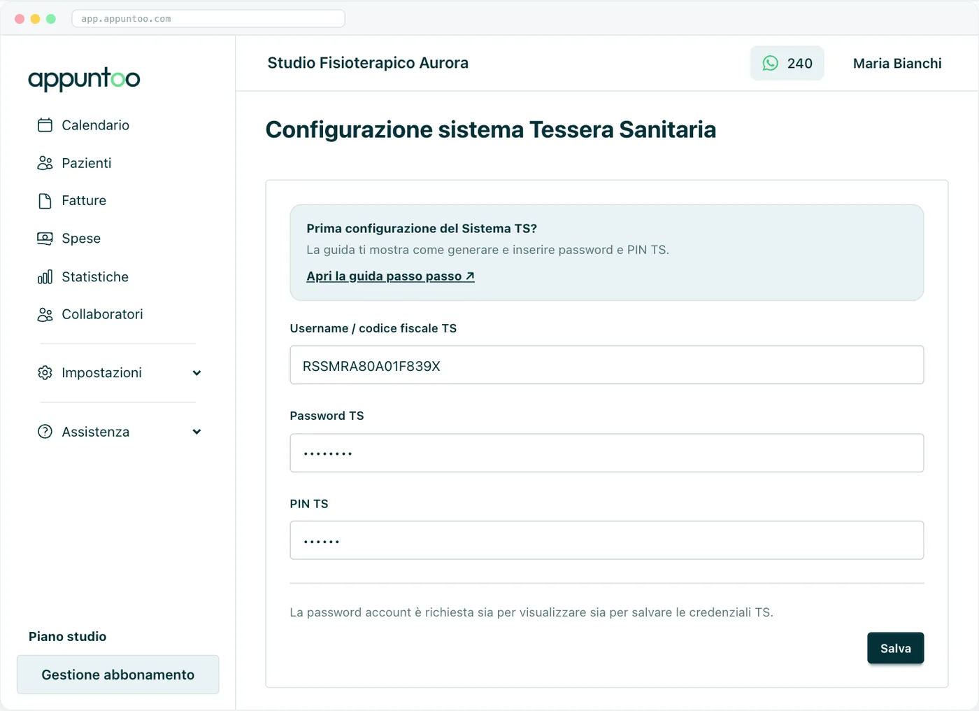 Esempio · Sistema TS Una delle schermate di configurazione: le credenziali del Sistema TS, da inserire una volta sola in Impostazioni → Sistema TS.