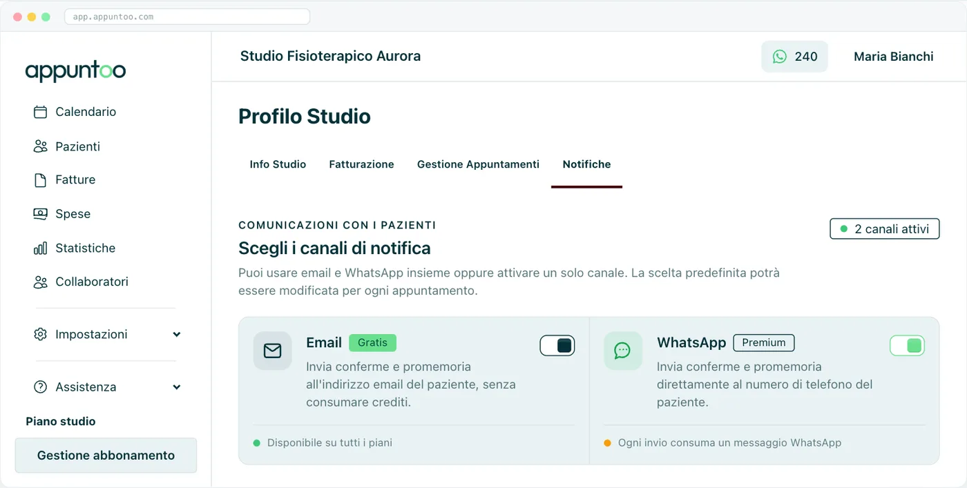 Profilo studio · Notifiche · Canali Le due schede canale: Email (Gratis, disponibile su tutti i piani) e WhatsApp (Premium, ogni invio consuma un messaggio).