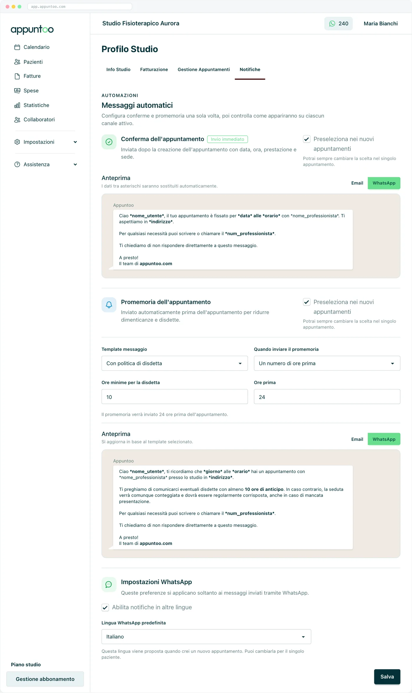 Profilo studio · Notifiche · Messaggi automatici Conferma con preselezione, promemoria con template e tempistiche, anteprima del messaggio per canale.