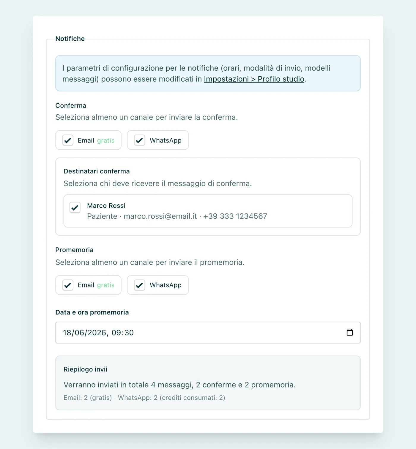 Nuovo appuntamento · sezione Notifiche Canali per conferma e promemoria, data e ora del promemoria e Riepilogo invii con il conteggio per canale.